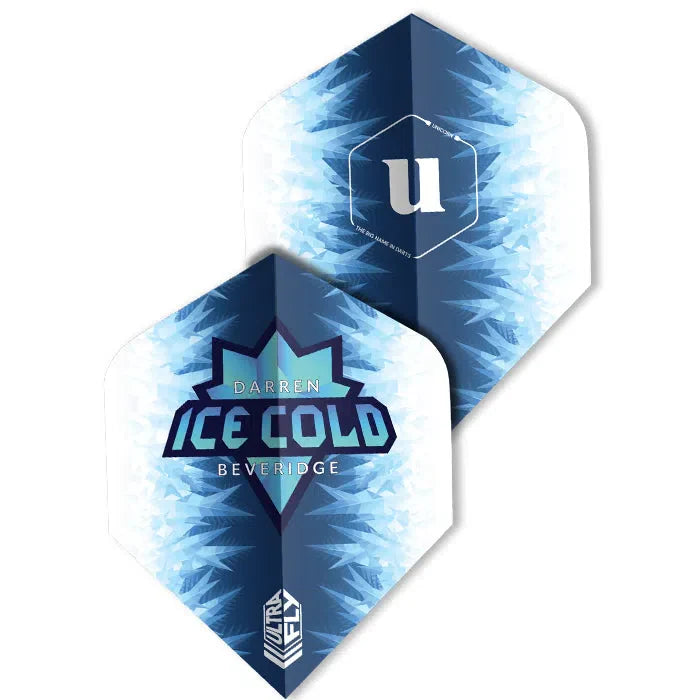 Two Ultrafly dart flights arranged to display Ice Cold graphic and rear logo, full view isolated on white, blue ice pattern visible