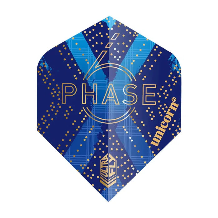 Close-up dart flight with blue and gold Phase 6 Ultrafly design, sharp graphic details, isolated on white background.