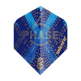 Close-up dart flight with blue and gold Phase 6 Ultrafly design, sharp graphic details, isolated on white background.