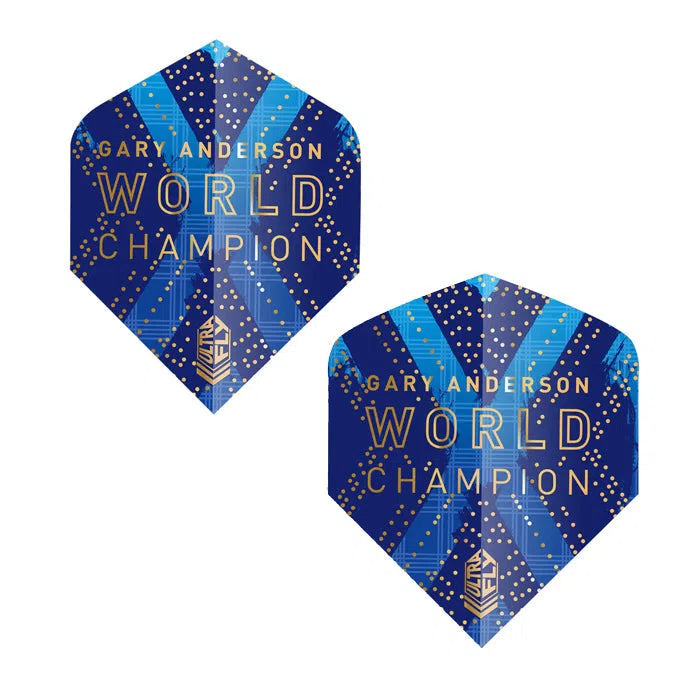 Angled view of two Gary Anderson dart flights isolated on white, highlighting blue gold World Champion design for dart equipment.