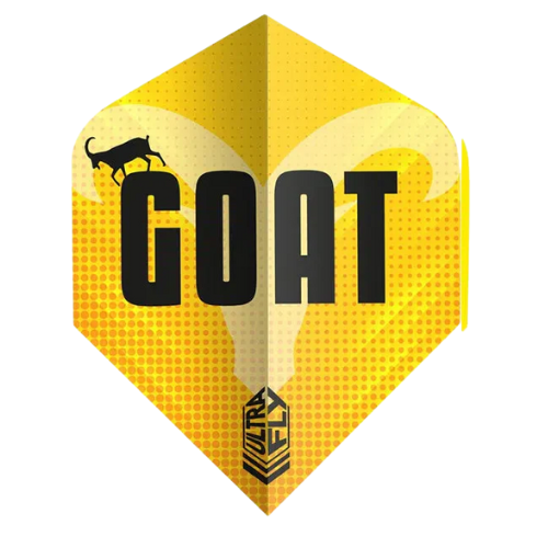 Close-up of yellow Ultrafly GOAT Plus dart flight with bold GOAT text, goat silhouette and ram horn graphic, isolated on white background