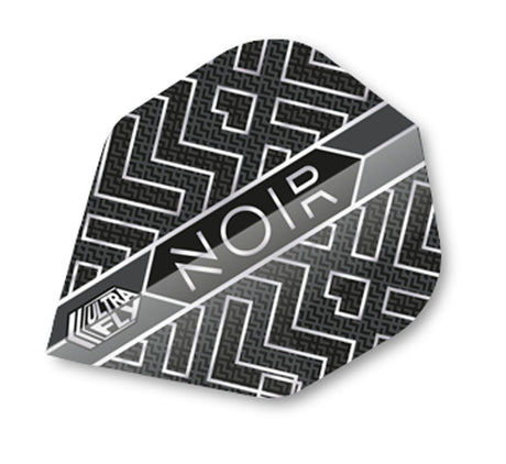 Close-up of Ultrafly Noir abstract big wing dart flight with black geometric pattern and silver NOIR branding, isolated on white