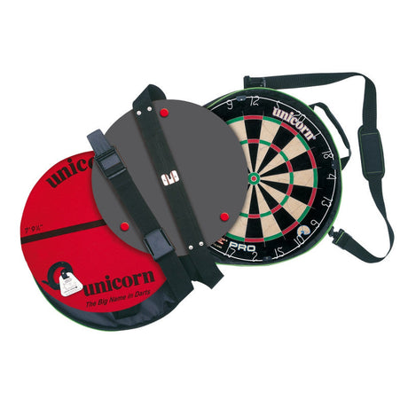Portable dartboard set with carrying case, shoulder straps, and full dartboard face displayed, isolated on white background