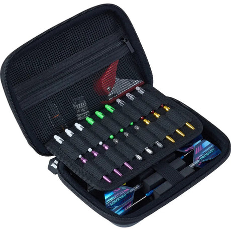 Open darts case angled view displaying assorted dart barrels, flights, shafts, and accessories neatly arranged for dart storage and transport
