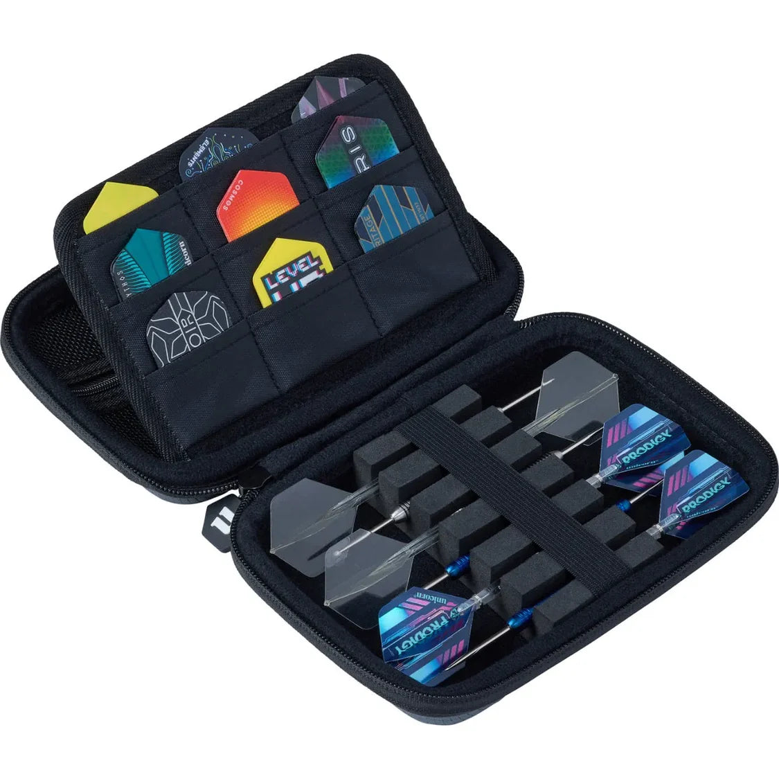 Angled view of open medium darts case showing three assembled darts secured in foam and flight storage slots for dart accessories