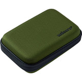 Green textured darts case in angled view, zipper closure, durable travel wallet for dart accessories isolated on white