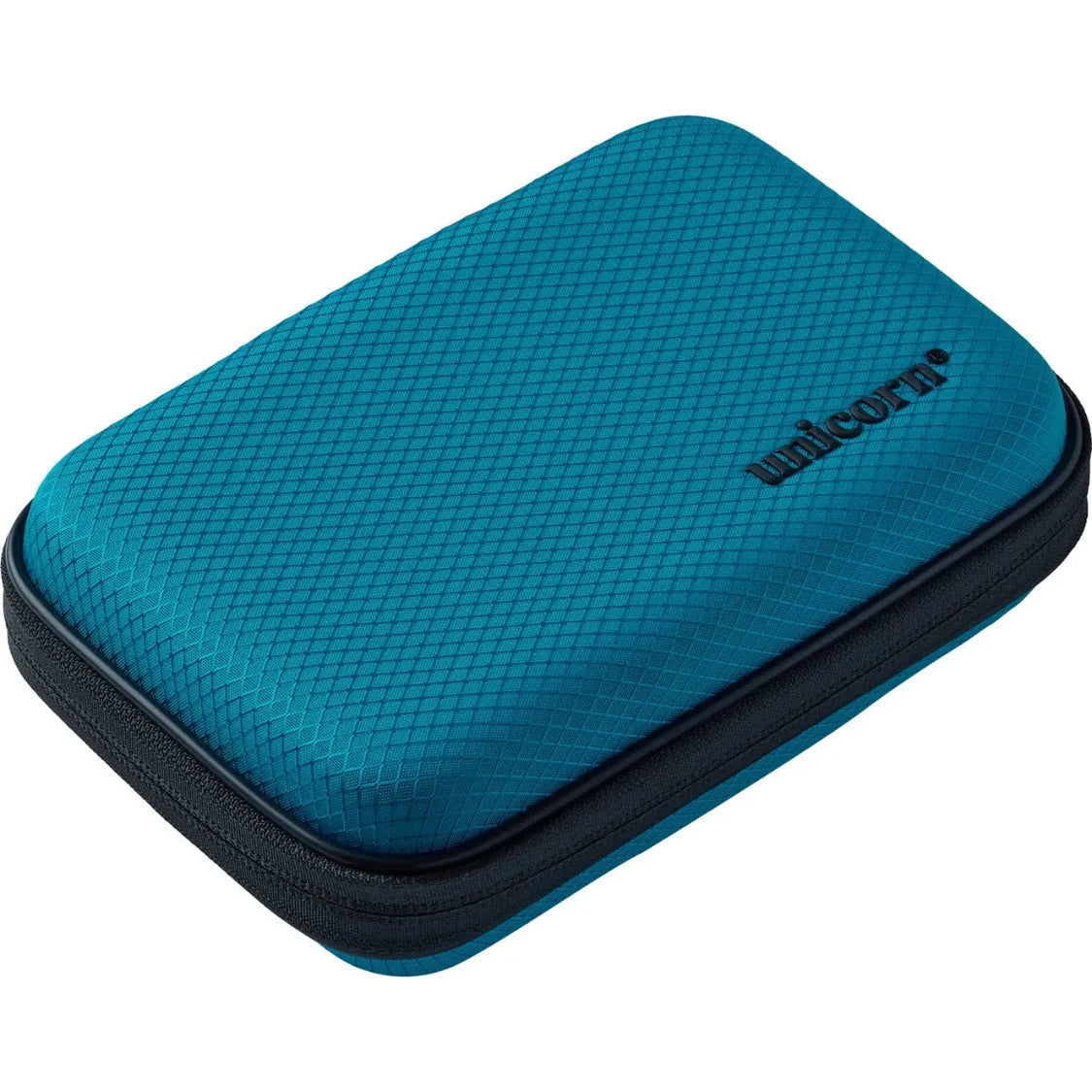 Blue medium darts case with textured surface and zipper, angled view, isolated on white background for dart storage