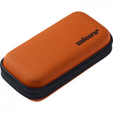 Angled view of orange darts case with textured grip surface and zip closure, ideal for dart storage and protection