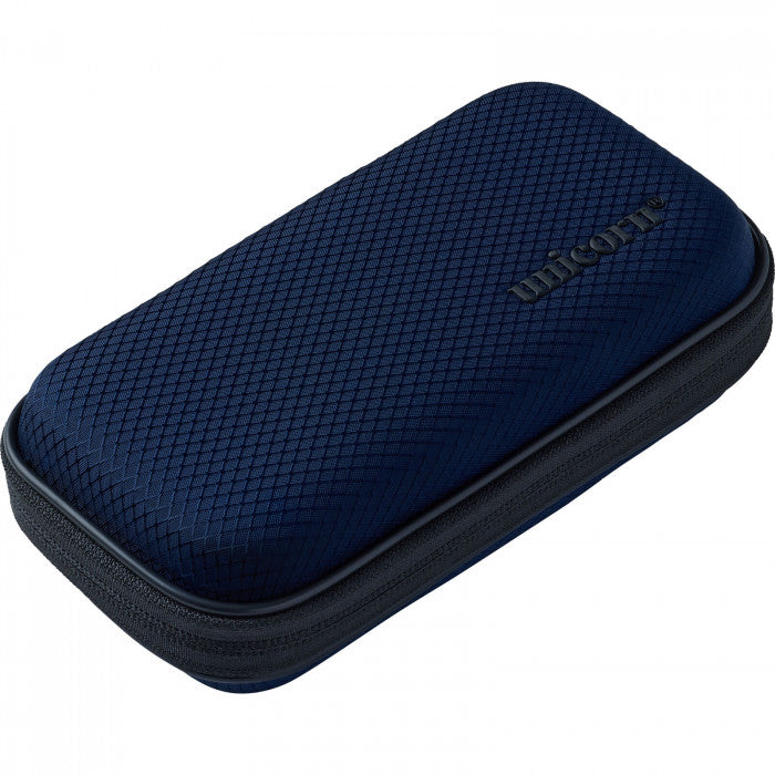Angled view of navy small darts case with textured grip surface and zipper closure, premium protective storage for dart sets and accessories
