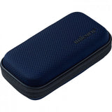 Angled view of navy small darts case with textured grip surface and zipper closure, premium protective storage for dart sets and accessories
