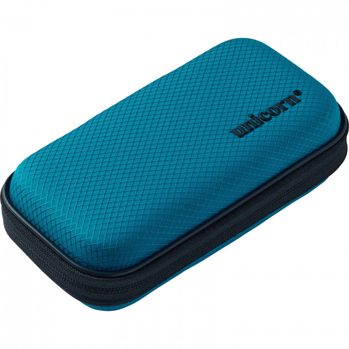 Angled view of blue textured darts case with zipper, isolated on white background, ideal for dart storage and protection