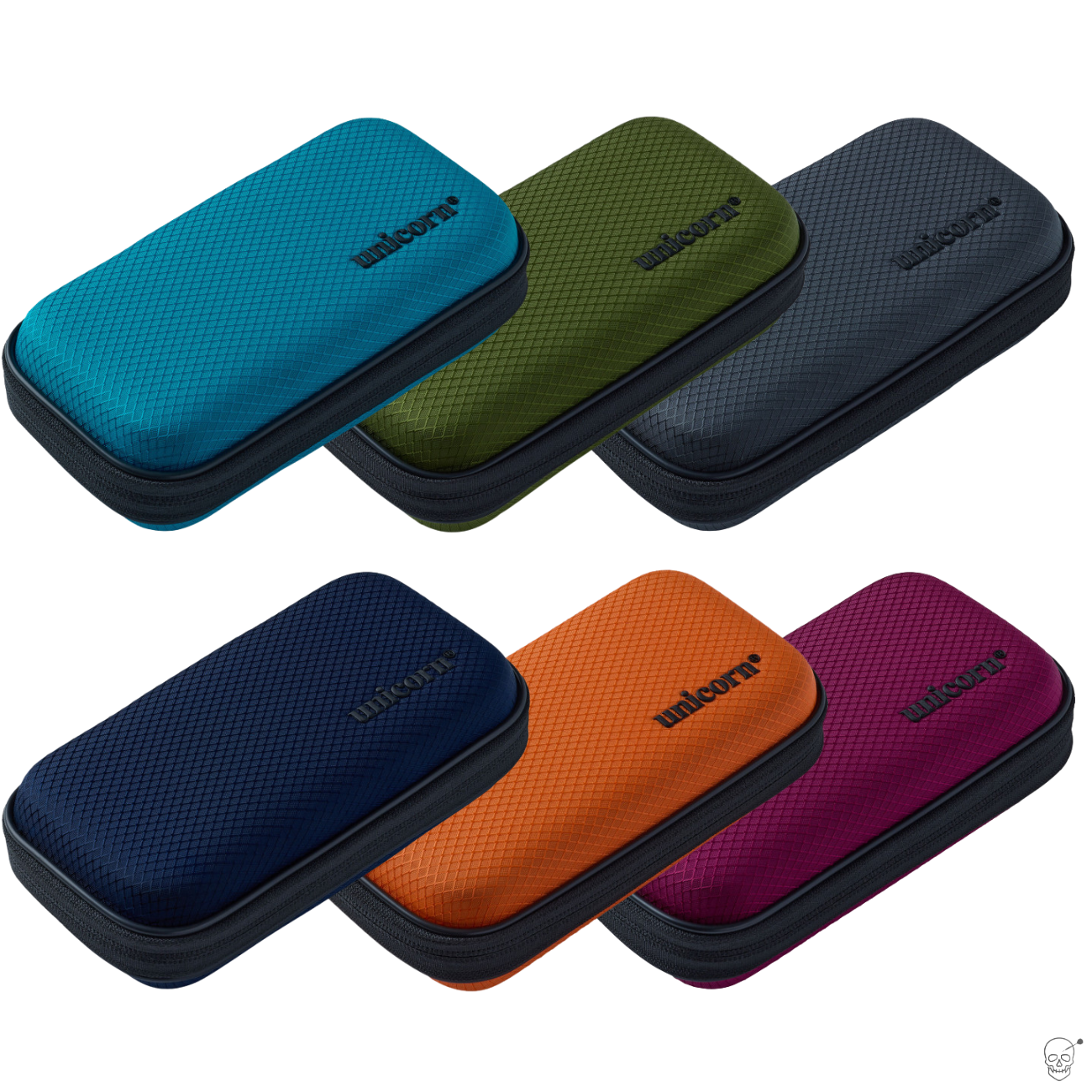 Colorful dart cases with zip closure and textured surface, angled product view on white background for dart storage and protection