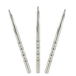 Three steel dart points with scalloped grips and CNC helix design arranged on white background for dart replacement