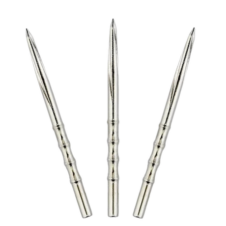 Three steel dart points with scalloped grips and CNC helix design arranged on white background for dart replacement