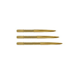 Three gold dart points with shark fin CNC helix grip, full view isolated on white, ideal for steel tip dart customization.