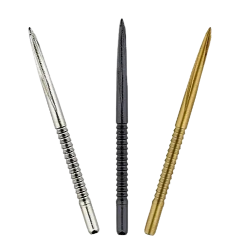 Three Volute Shark Fin large dart points in silver, black, and gold colors, full length, ribbed grip, isolated on white.