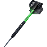 Angled full view of 90% tungsten dart with textured black barrel, green shaft, and Wraith flight, isolated on white background