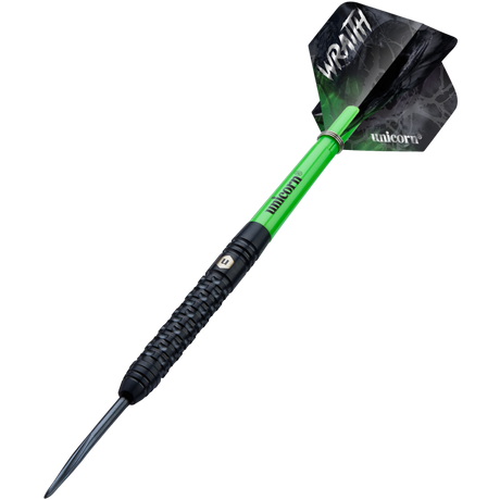Angled full view of 90% tungsten dart with textured black barrel, green shaft, and Wraith flight, isolated on white background