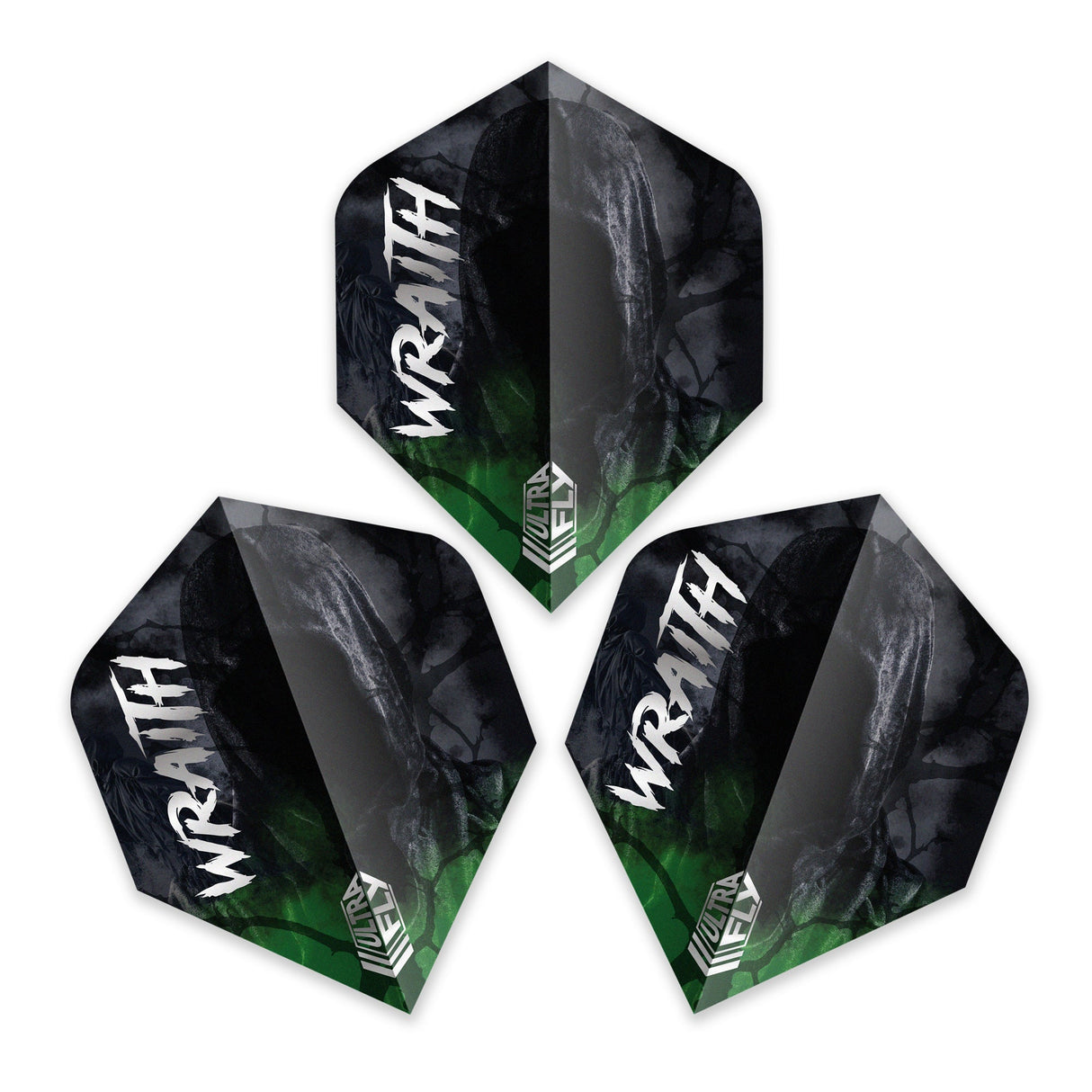 Three Wraith dart flights with dark hooded design and green accents displayed top-down on white background for tungsten darts