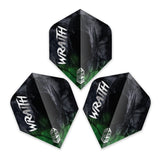 Three Wraith dart flights with dark hooded design and green accents displayed top-down on white background for tungsten darts