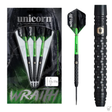 90% tungsten darts set in retail packaging, single dart with green shaft and textured black grip, close-up of knurled barrel design