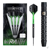 90% tungsten darts set in retail packaging, single dart with green shaft and textured black grip, close-up of knurled barrel design