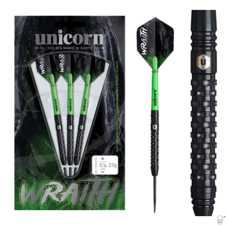 90% tungsten darts set in retail packaging, single dart with green shaft and textured black grip, close-up of knurled barrel design