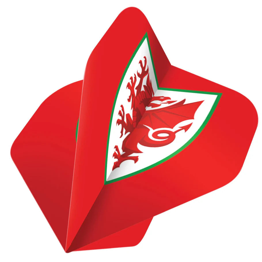 Close-up angled view of red Wales FA dart flight No.2, dragon crest design, isolated for dart accessories buyers