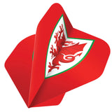 Close-up angled view of red Wales FA dart flight No.2, dragon crest design, isolated for dart accessories buyers
