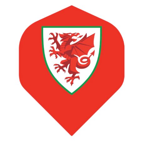 Wales FA red dart flight No.2 standard shape with Welsh dragon crest, isolated on white, full product view