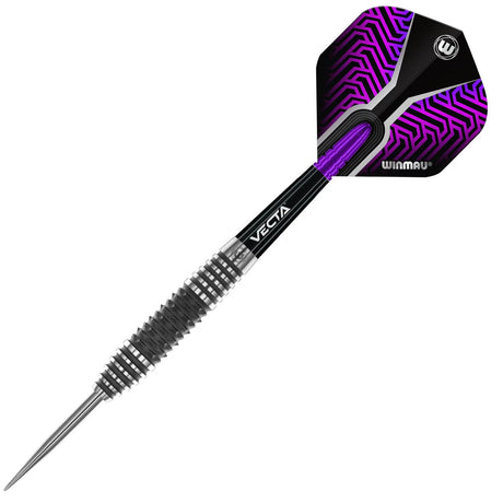 Full view tungsten dart with precision grip barrel, black shaft, and purple patterned flight, isolated on white background