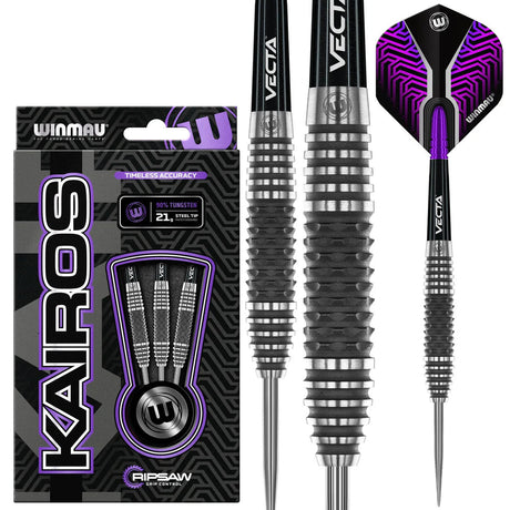 90 percent tungsten darts set with close-up grip texture, steel tip, purple and black flight, and retail packaging on white background
