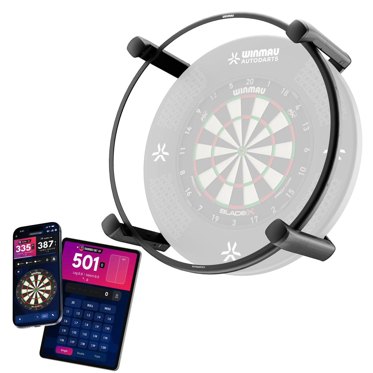 Winmau Autodarts X automatic darts scoring ring fitted to a bristle dartboard, shown with the Autodarts App scoring on two phones