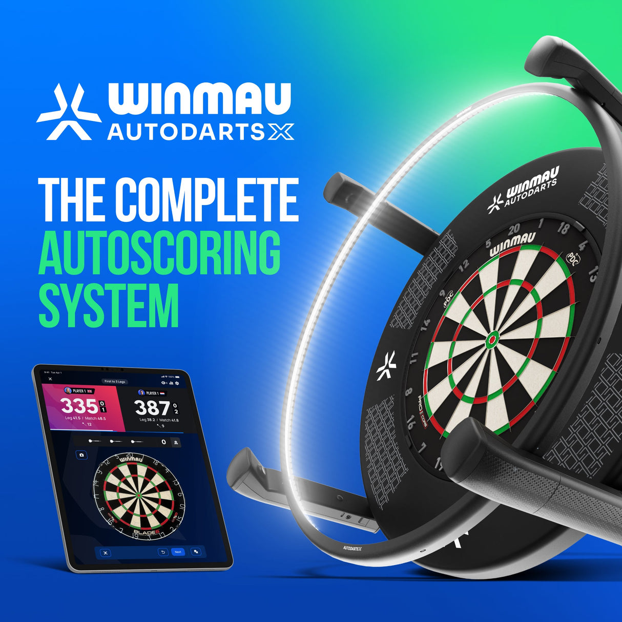 Winmau Autodarts X the complete autoscoring system, with real-time scoring shown on a tablet
