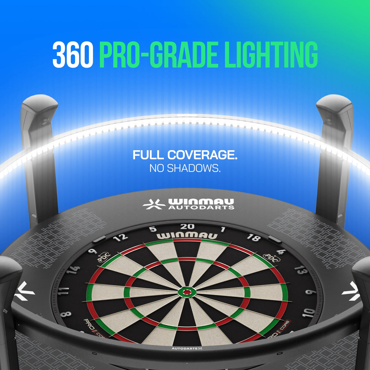 Autodarts X integrated 360 degree pro-grade dartboard lighting giving full coverage with no shadows