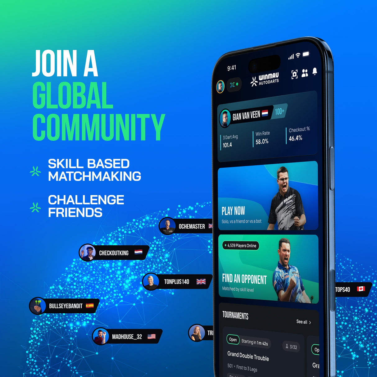 Autodarts global online community with skill-based matchmaking and challenge friends
