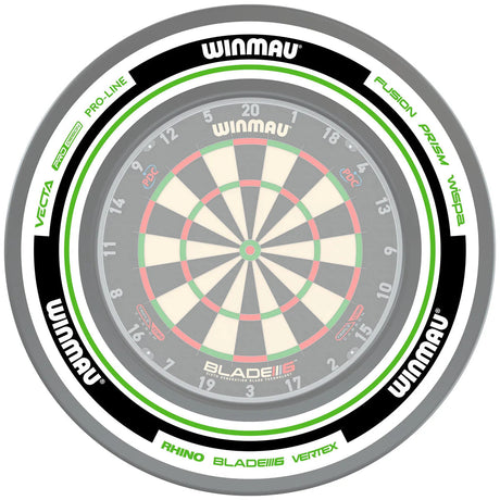 Top-down view of dartboard with white and green surround ring, showcasing full coverage for bristle dartboard protection