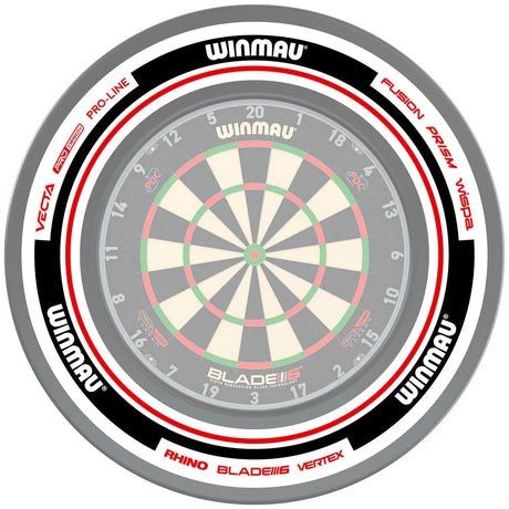 Top-down view of advance white and red dartboard surround fitted on dartboard, isolated on white, highlighting protective ring design
