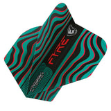 Close-up of Alpha No.2 dart flight in black, turquoise, and red with wave pattern, standard shape, isolated on white