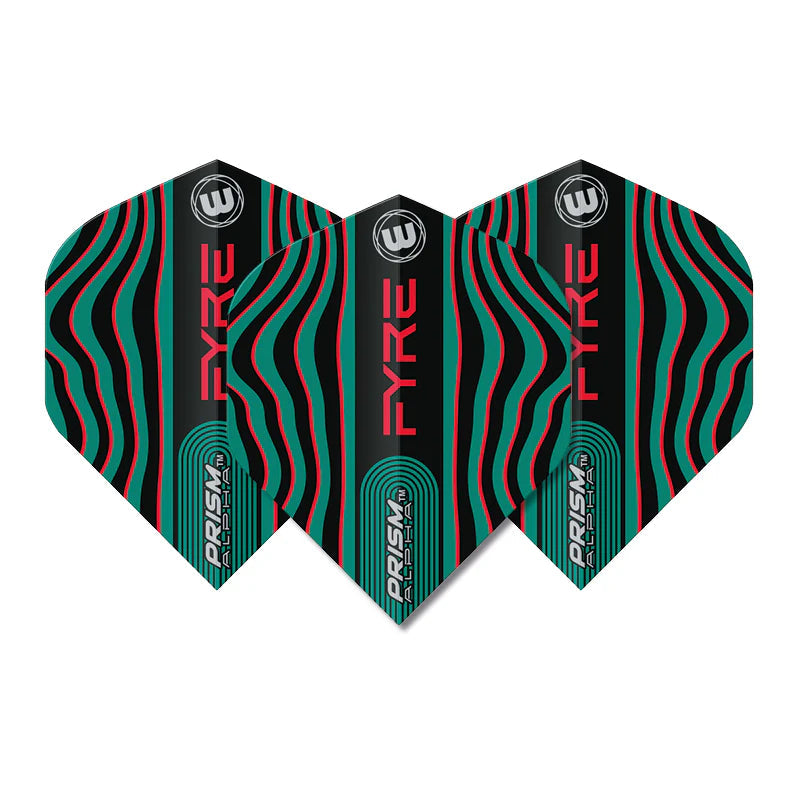 Set of three No.2 dart flights in black with turquoise and red wave pattern, displayed flat on white background