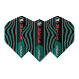 Set of three No.2 dart flights in black with turquoise and red wave pattern, displayed flat on white background