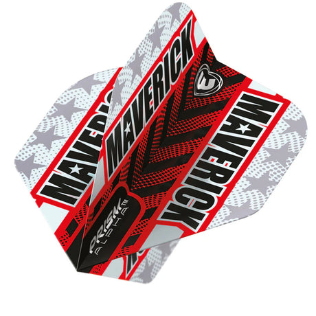 Angled close-up of three No.2 dart flights with bold grey and red MAVERICK graphics, showcasing durable 100 micron flight material.