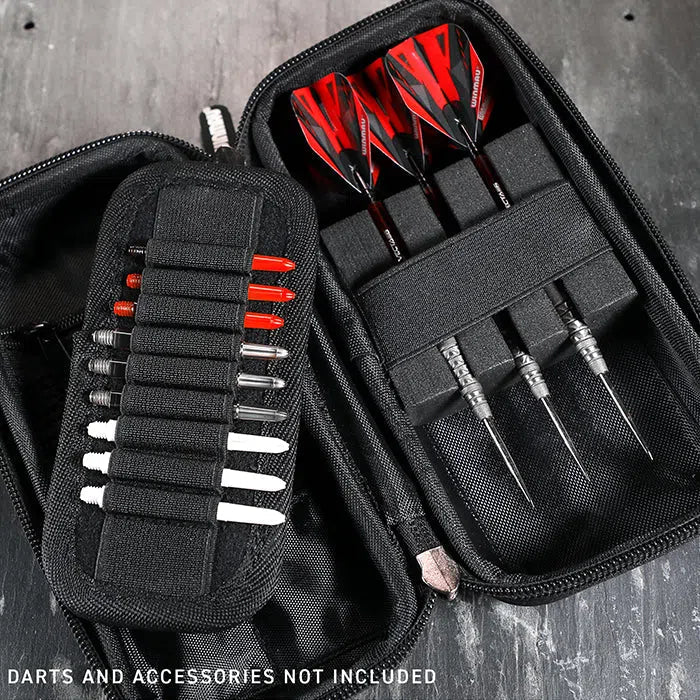Open dart case top-down view with elastic straps holding three darts and multiple dart tips, highlighting organized dart storage