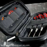 Angled close-up of open red darts case with foam slots for darts, organized interior, and elastic bands for flights and accessories