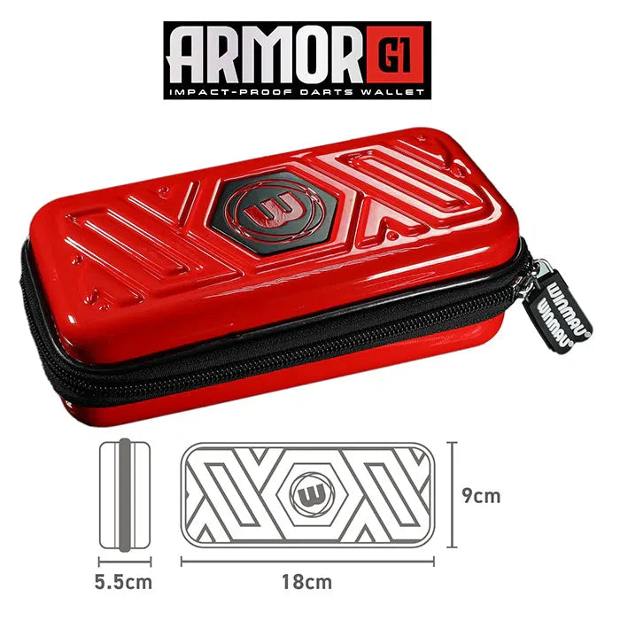 Red darts case angled on white background with embossed design, zipper closure, and size dimensions shown for dart storage