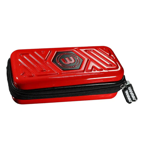 Red hard dart case with embossed shell, black zipper, secure closure, isolated on white background, ideal for protecting darts and accessories