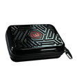 Black hard shell darts case with geometric pattern, zipper closure, spacious dart storage, angled view on white background