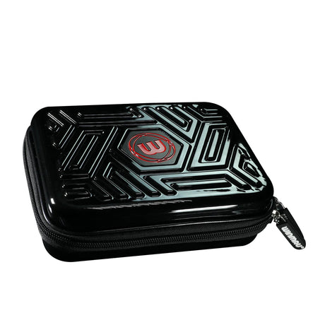 Black hard shell darts case with geometric pattern, zipper closure, spacious dart storage, angled view on white background