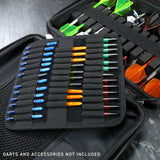 Angled close-up of spacious black darts case open with elastic slots and compartments for organized dart shafts and flights