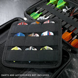 Open black darts case angled view showing organized storage for dart barrels and flights, with multiple accessories for dart players